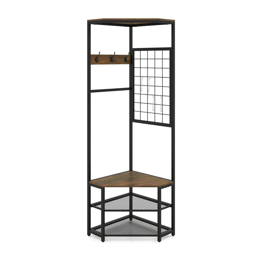 4-in-1 Freestanding Coat Rack with Storage Shelves Removable Hooks and Shoe Racks-Rustic Brown
