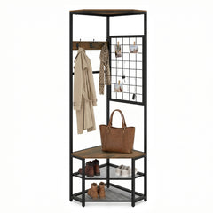 4-in-1 Freestanding Coat Rack with Storage Shelves Removable Hooks and Shoe Racks-Rustic Brown
