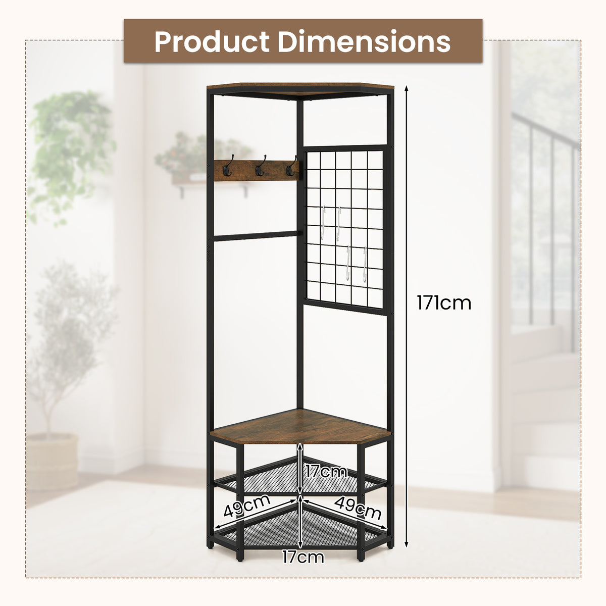 4-in-1 Freestanding Coat Rack with Storage Shelves Removable Hooks and Shoe Racks-Rustic Brown