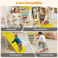 4-in-1 Kids Indoor Jungle Gym Playground with Baby Swing and Climbing Ramp-Multicolour