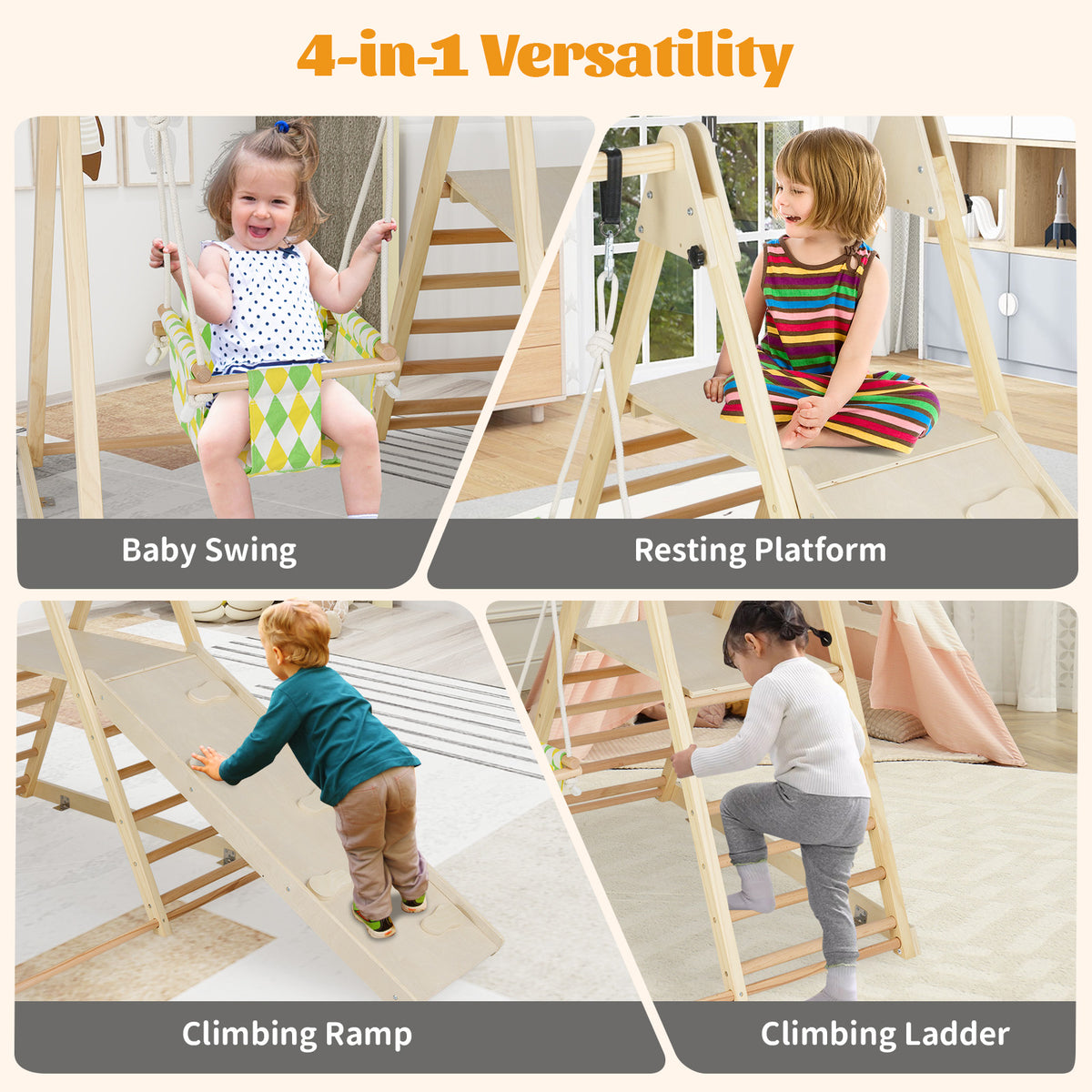 4-in-1 Kids Indoor Jungle Gym Playground with Baby Swing and Climbing Ramp-Natural