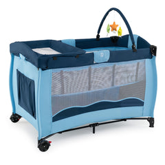 The baby playpen featuring a blue fabric design with mesh sides and a toy arch overhead