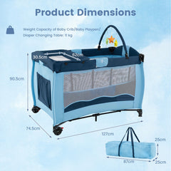 The baby playpen showing height and width measurements with a matching carry bag included