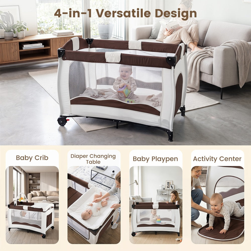 Four different uses for the baby playpen: crib, changing table, playpen, activity center