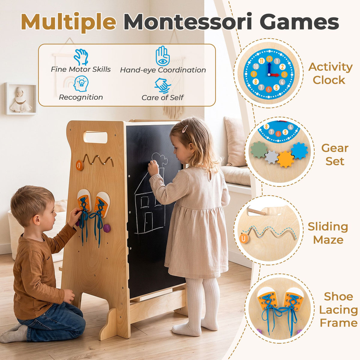 4-in-1 Toddler Tower with Chalkboard Slide and Montessori Games, image 6