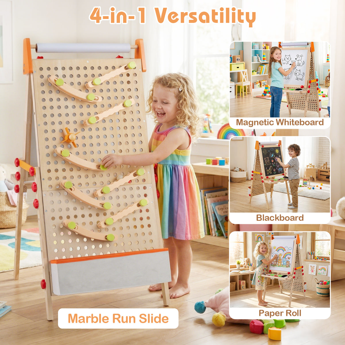 4-in-1 Wooden Kids Art Easel with Paper Roll