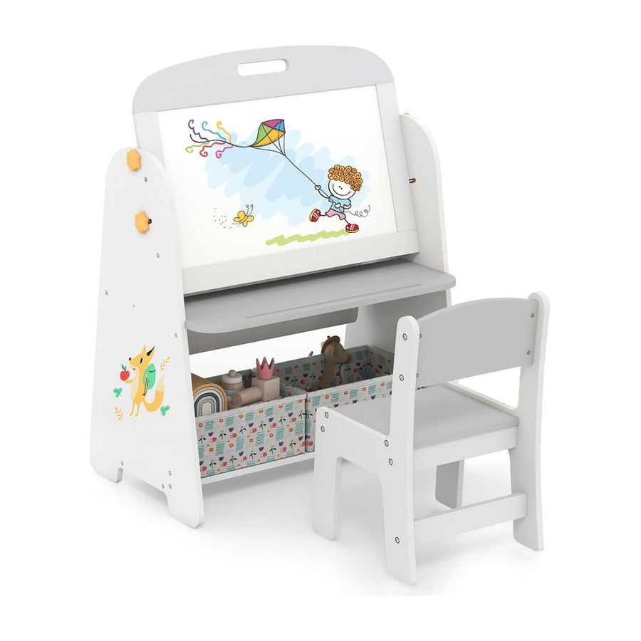 4-in-1 Art Easel and Bookshelf with Magnetic Whiteboard and Blackboard-Grey