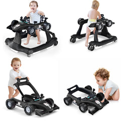 4-in-1 Baby Push Walker with Adjustable Height and Speed in black, shown with a baby sitting inside