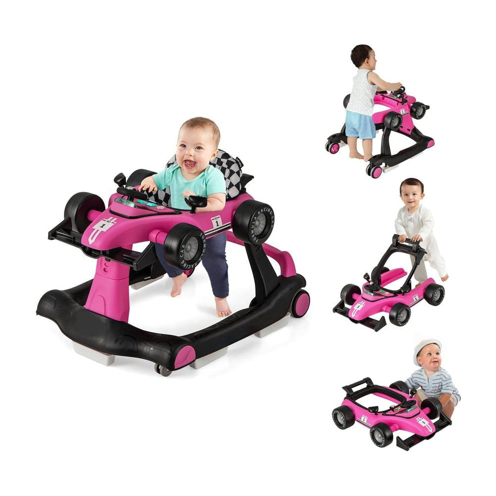 4-in-1 Baby Push Walker with Adjustable Height and Speed shown in various modes with a baby