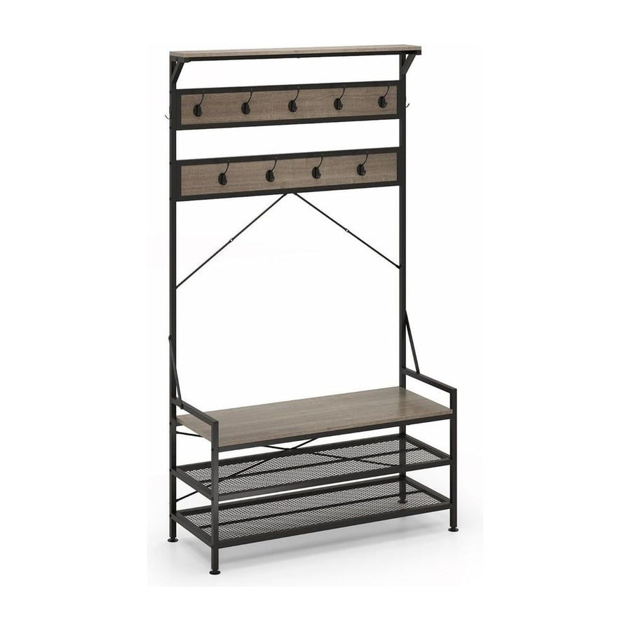 4-In-1 Coat Rack with a wooden bench and two mesh shoe shelves against a white background