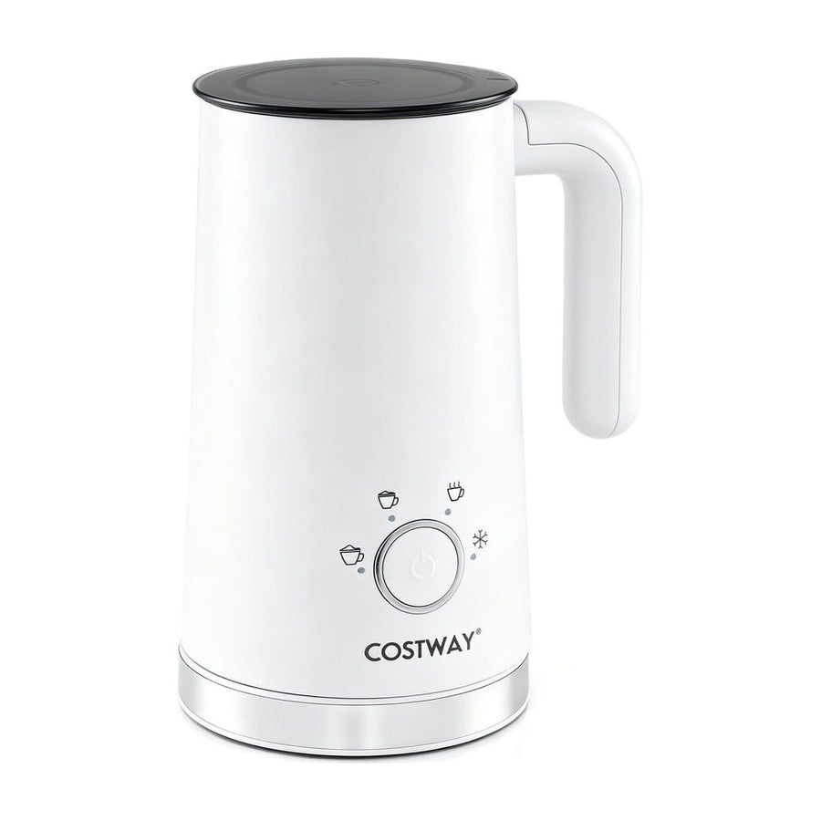 4-in-1 Electric Milk Frother and Steamer with Anti-slip Bottom in white, a tall jug with a handle and lid