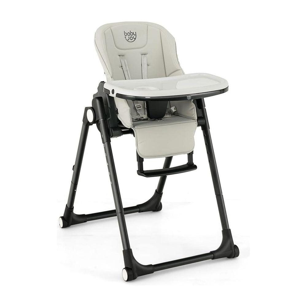 4-in-1 Foldable Baby High Chair in grey with a white tray and black frame on a white background