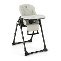 4-in-1 Foldable Baby High Chair in grey with a white tray and black frame on a white background