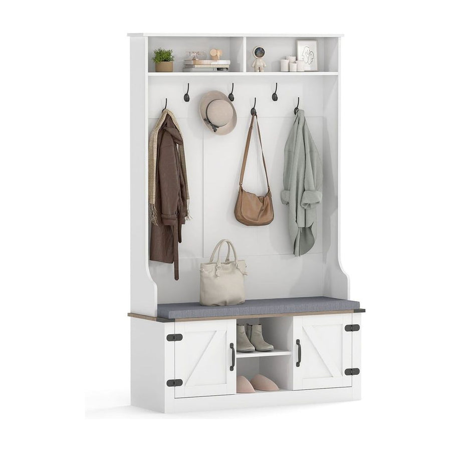 4-in-1 Hall Tree with cushioned bench and shoe storage in white