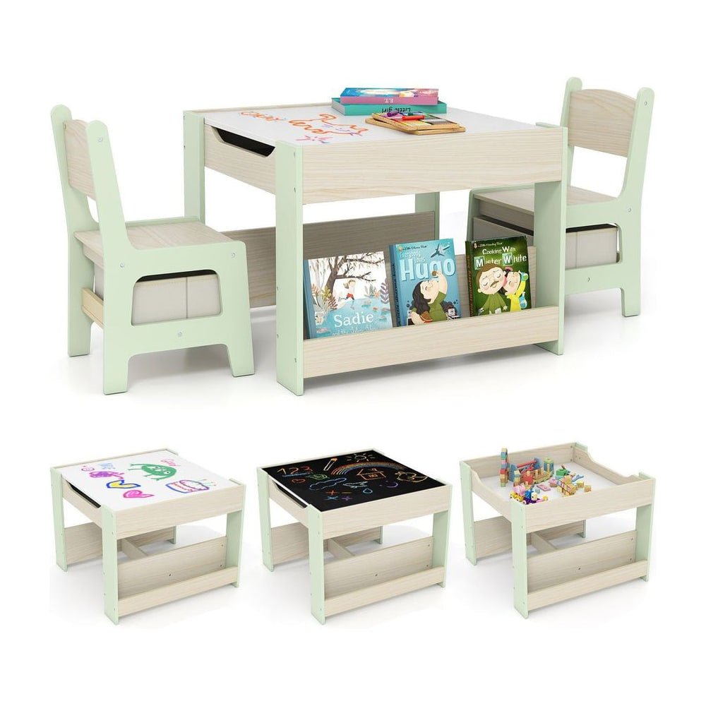 4 in 1 Kids Table and Chairs Set with reversible tabletop and bookshelves in green