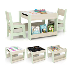 4 in 1 Kids Table and Chairs Set with reversible tabletop and bookshelves in green