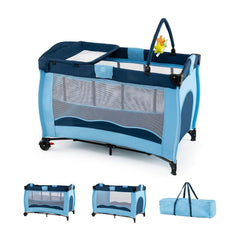 4 in 1 Pack blue baby playard with changing table and hanging toys shown with storage bag