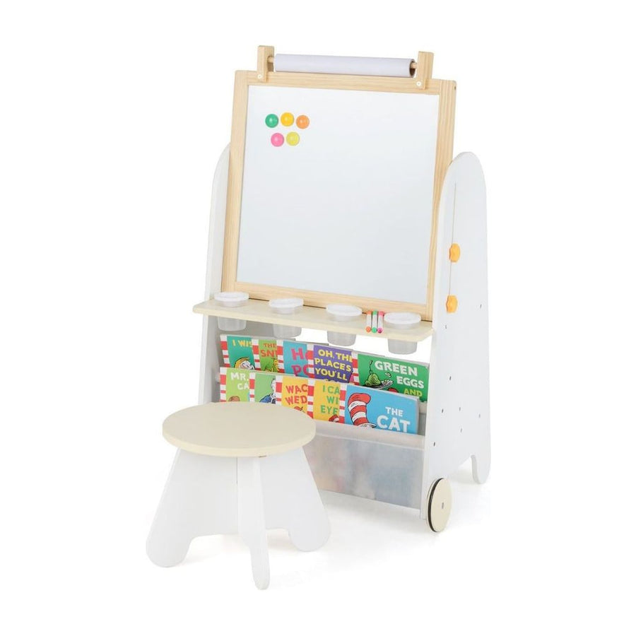 4-in-1 Toddler Activity Table Set with Magnetic Whiteboard and Bookshelves-Natural