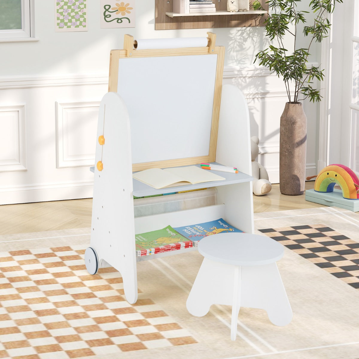 4-in-1 Toddler Activity Table Set with Magnetic Whiteboard and Bookshelves-Natural