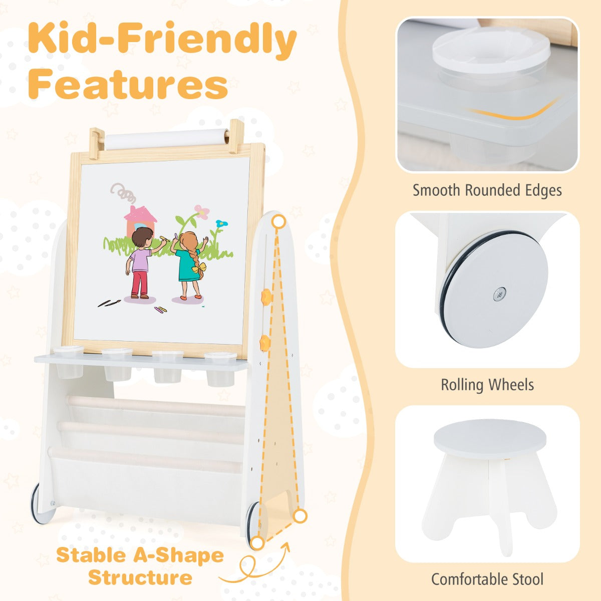 4-in-1 Toddler Activity Table Set with Magnetic Whiteboard and Bookshelves-Natural