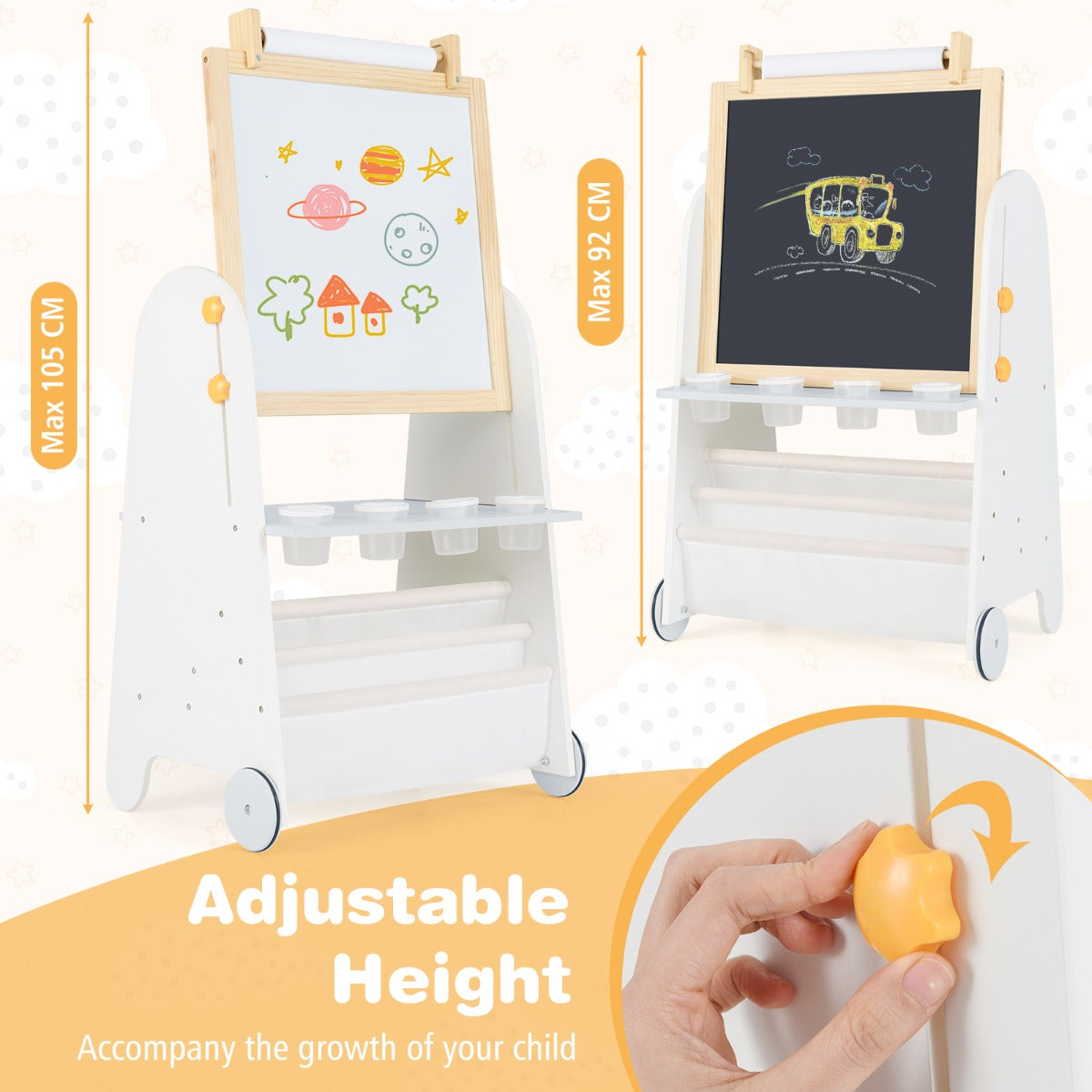 4-in-1 Toddler Activity Table Set with Magnetic Whiteboard and Bookshelves-Natural