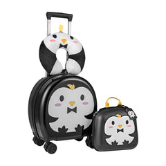 4-Piece Kid's Luggage Set Kids Journey Suitcase Set in black with a penguin design
