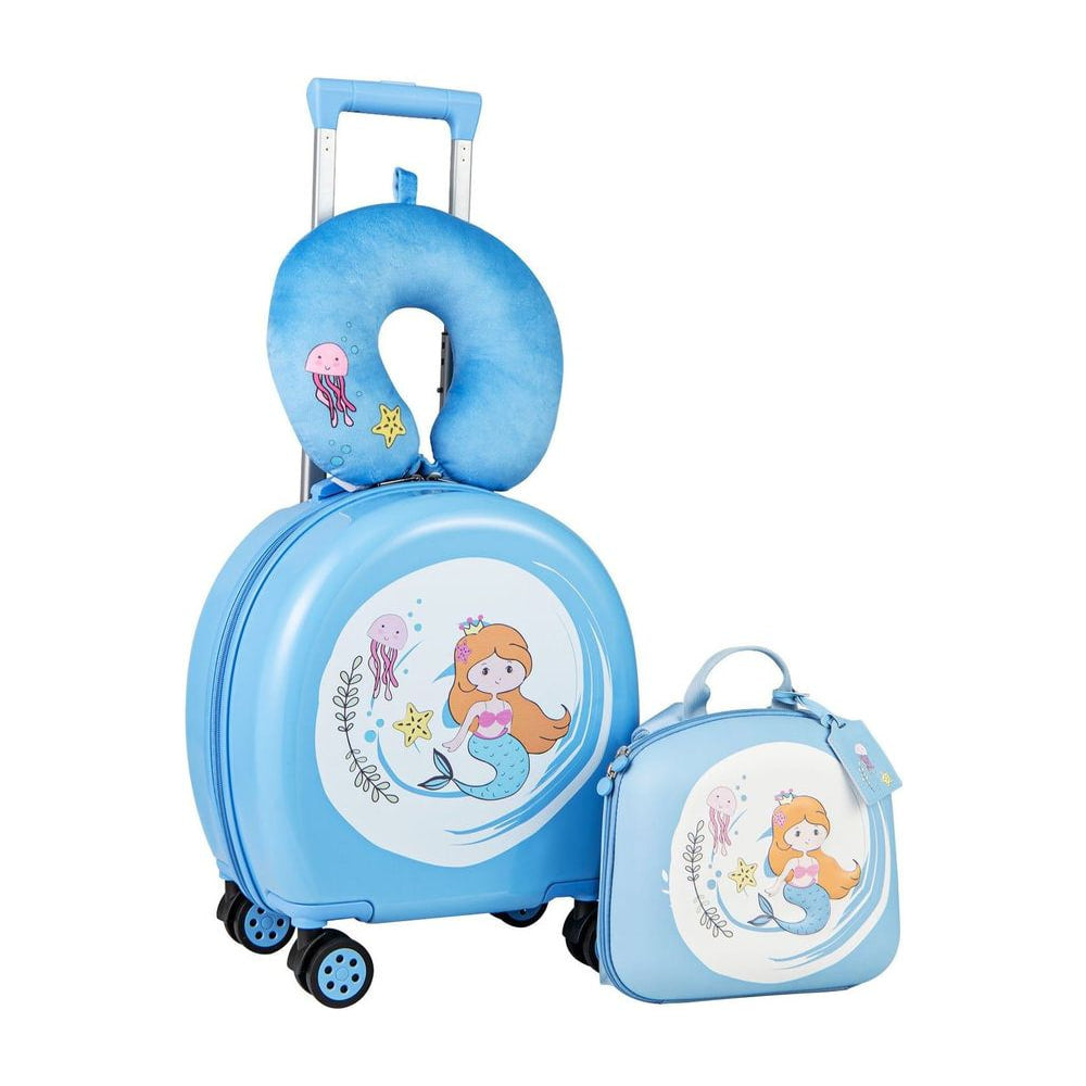 4-Piece Kid's Luggage Set Kids Journey Suitcase Set in blue with mermaid design