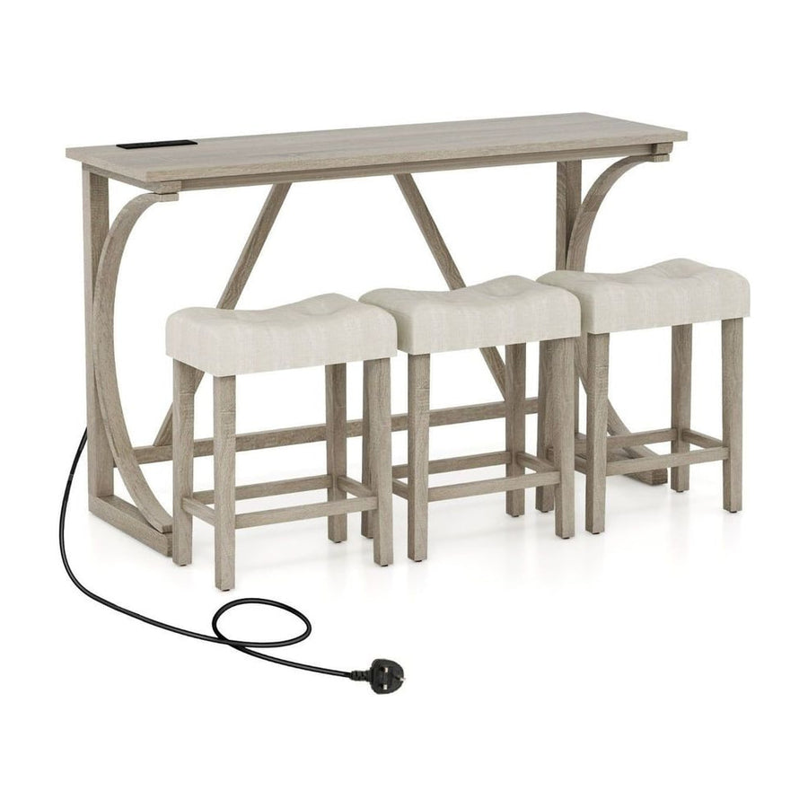 4-Piece Height Bistro Table and Saddle Seat Stools with Power Outlet-Grey