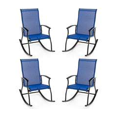 4 Pieces Outdoor Rocking Chairs with Breathable Backrest-Navy, a set of four navy blue rocking chairs with black frames