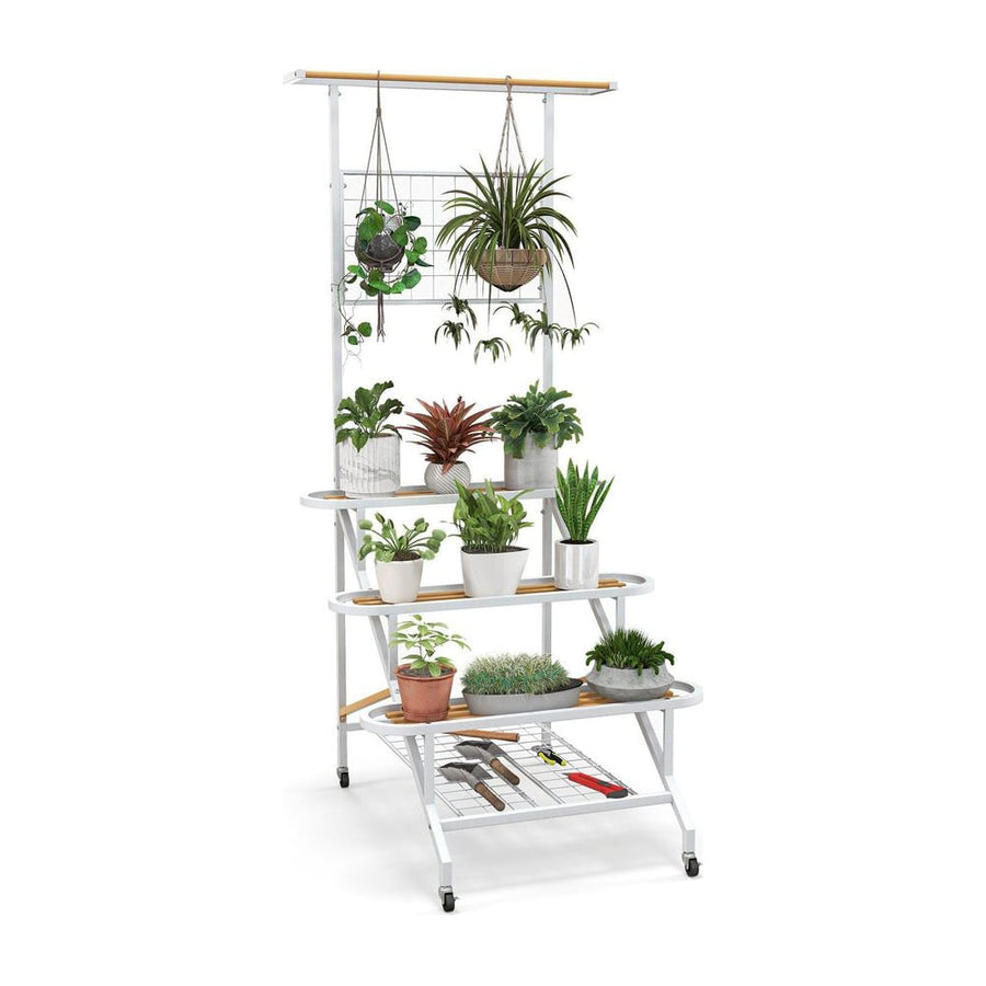 4-Tier Hanging Plant Stand with Hanging Bar and Trellis filled with various potted plants