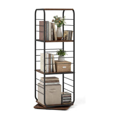 4-Tier Rotating Bookshelf 360° Spinning Bookcase Tower in rustic brown with a metal frame and wooden shelves