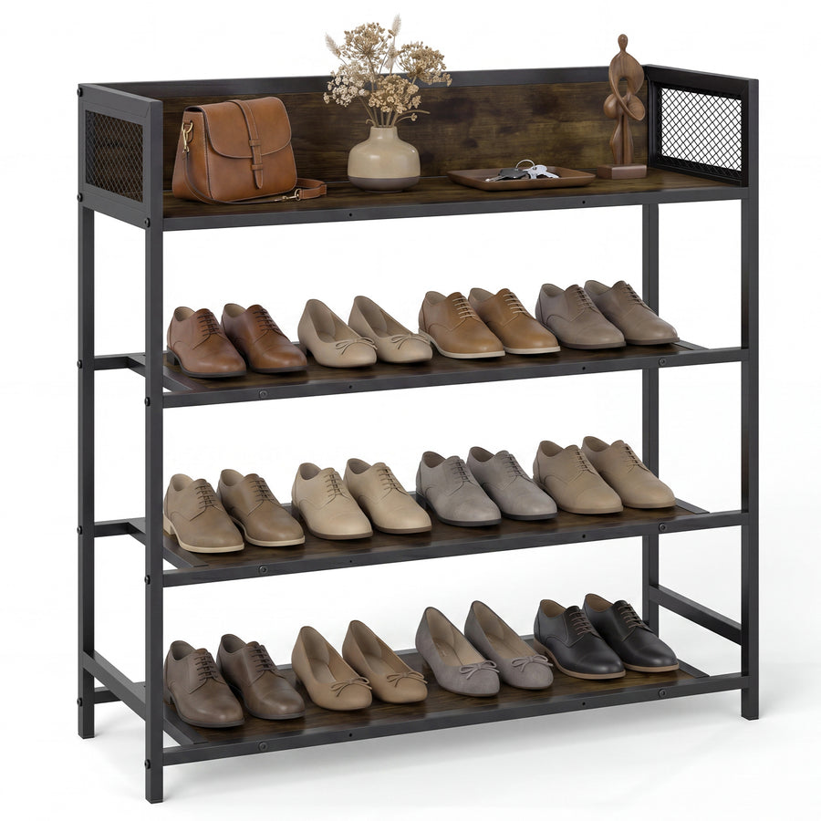 4-Tier Shoe Rack with a dark metal frame and wooden shelves filled with various pairs of shoes