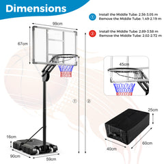 Adjustable Basketball Hoop 2.36-3.05M with Shatterproof Backboard and Weight Bag