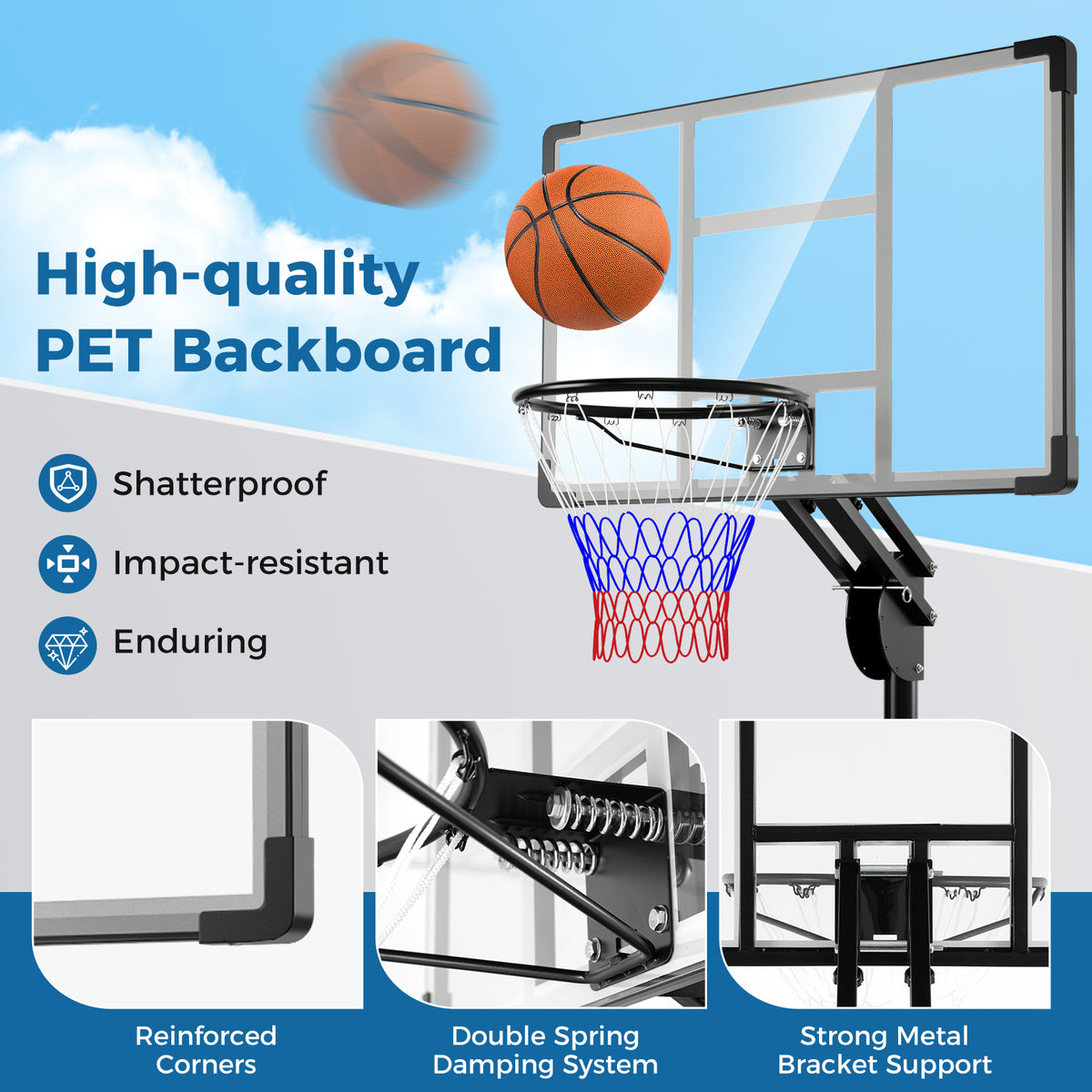Adjustable Basketball Hoop 2.36-3.05M with Shatterproof Backboard and Weight Bag