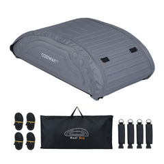 The grey car roof bag and its accessories laid out on a white background