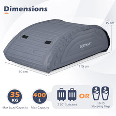Dimensions of the grey car roof bag showing length, width, and height