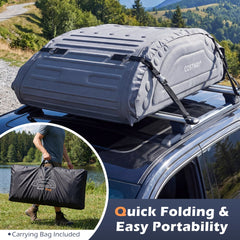 A man holds the grey car roof bag in its carry bag next to a car