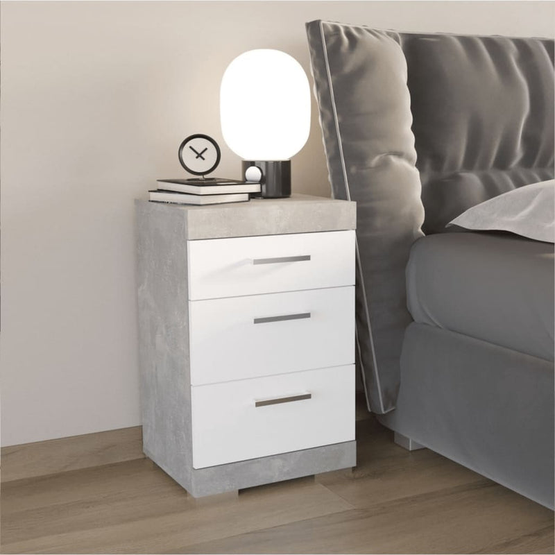 FMD Bedside Table with 3 Drawers Concrete Grey and Glossy White