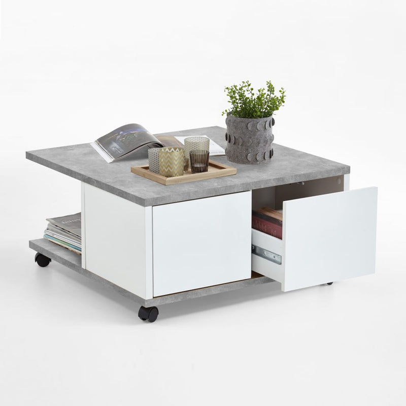 FMD Mobile Coffee Table 70x70x35.5 cm Concrete and Glossy White