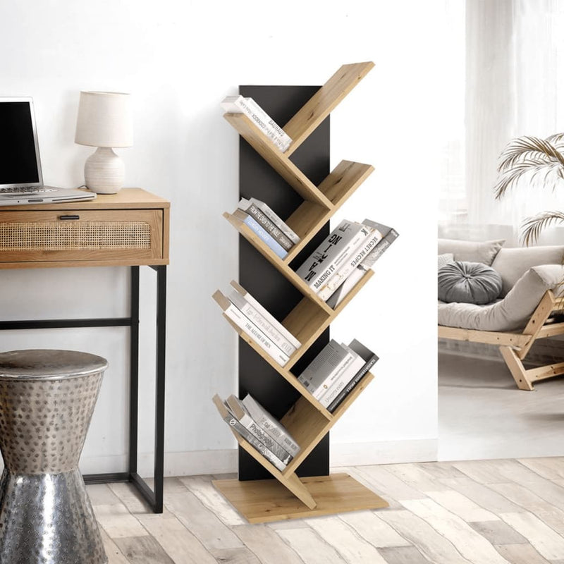 FMD Standing Geometric Bookshelf Oak and Black