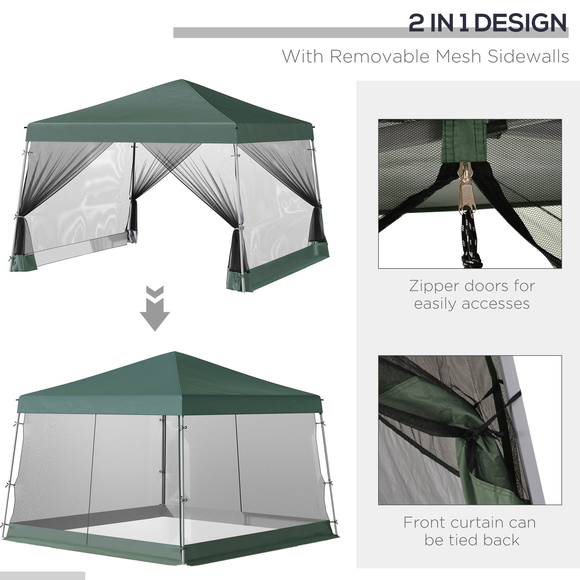Outsunny Outdoor Garden Pop-up Gazebo Canopy Tent Sun Shade Event Shelter Folding with Adjustable Height, Mesh Screen Side Walls 3.5 M √É‚Äî 3.5 M Base / 3 M √É‚Äî 3 M Top, Green