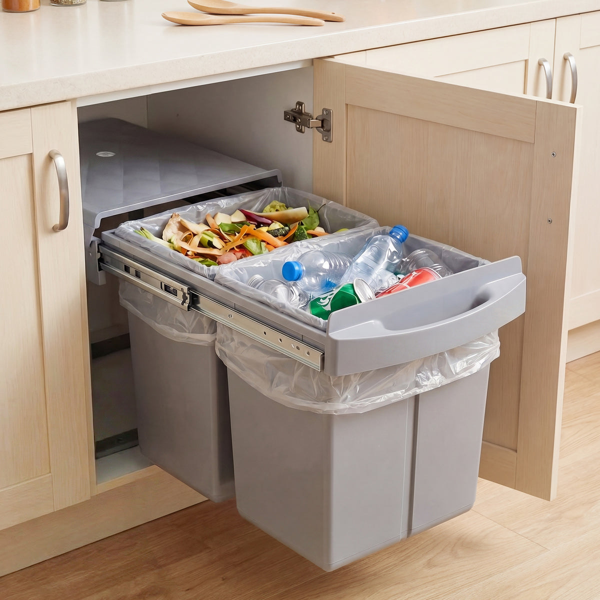 40L Built-in Pull Out Trash Can Under Cabinet Under Sink-Grey