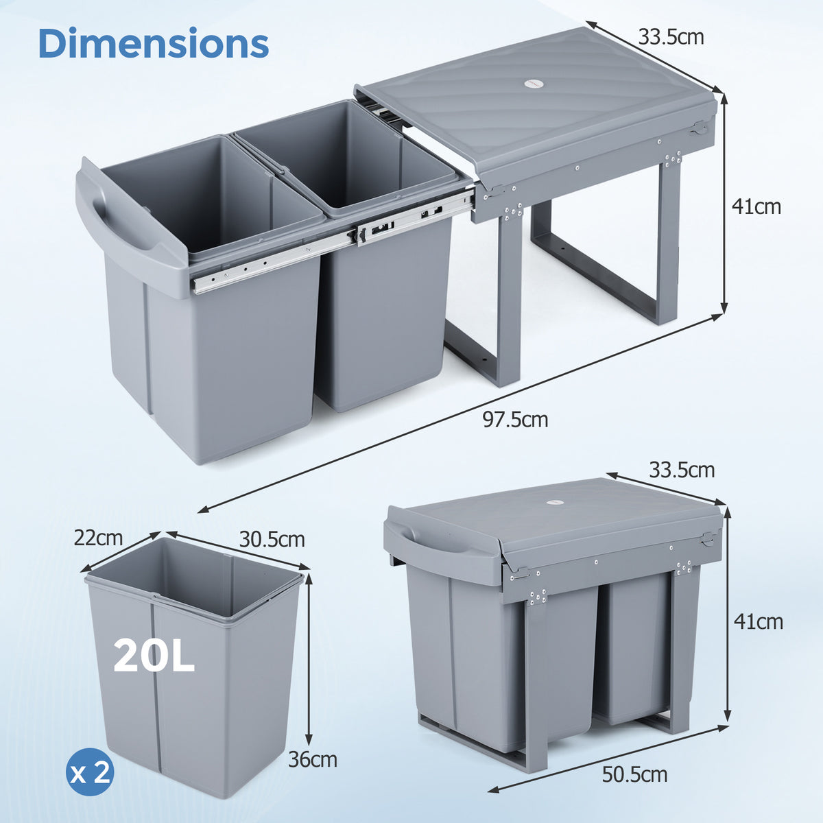 40L Built-in Pull Out Trash Can Under Cabinet Under Sink-Grey