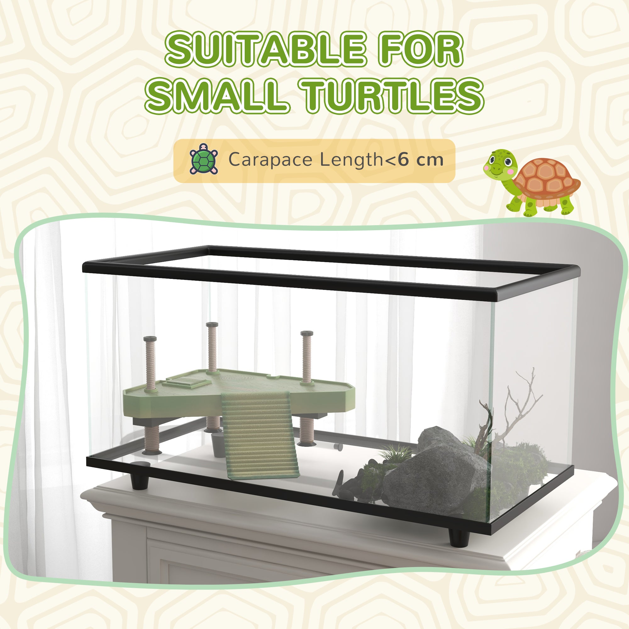 PawHut 50L Glass Turtle Tank Aquarium with Basking Platform, Easy Drainage, Strip Patch Thermometer