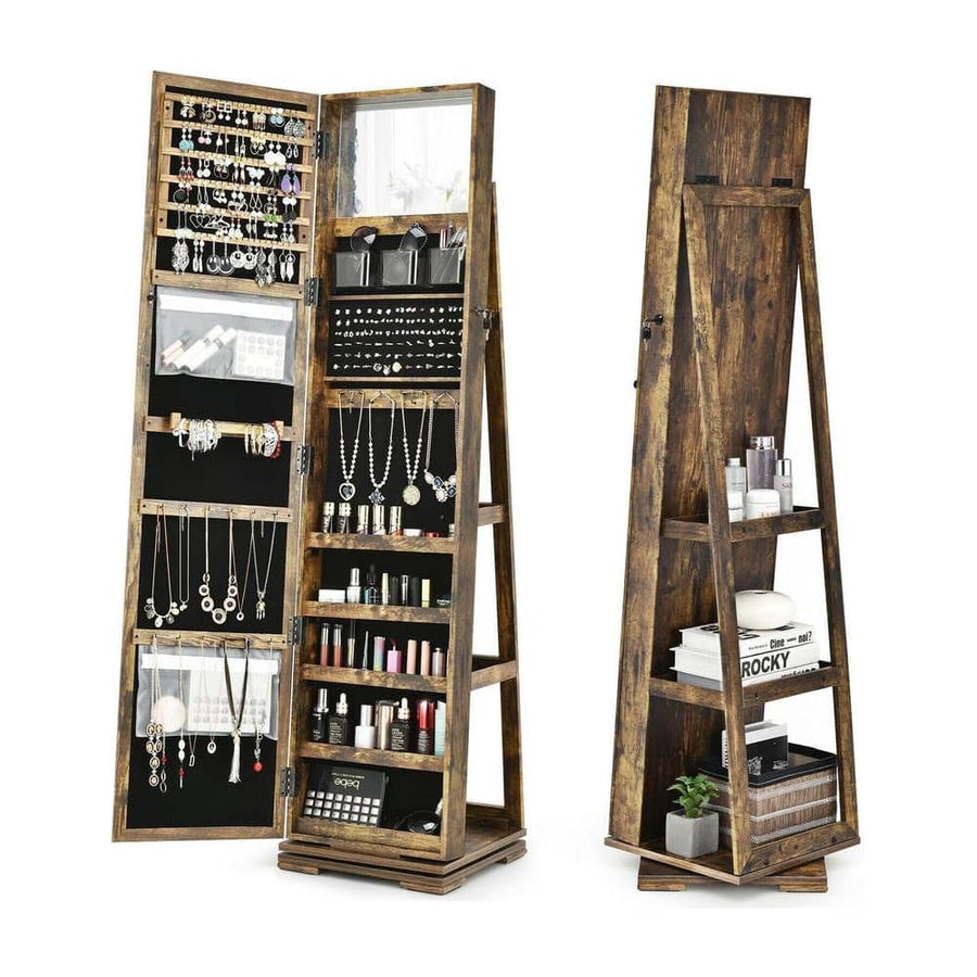Full Length Mirrored Jewellery Cabinet Rotates 360° with Open Display Shelves-Rustic Brown