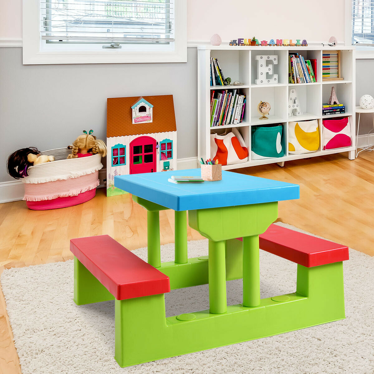 Kids Picnic Play Table Set with Removable Umbrella-Red