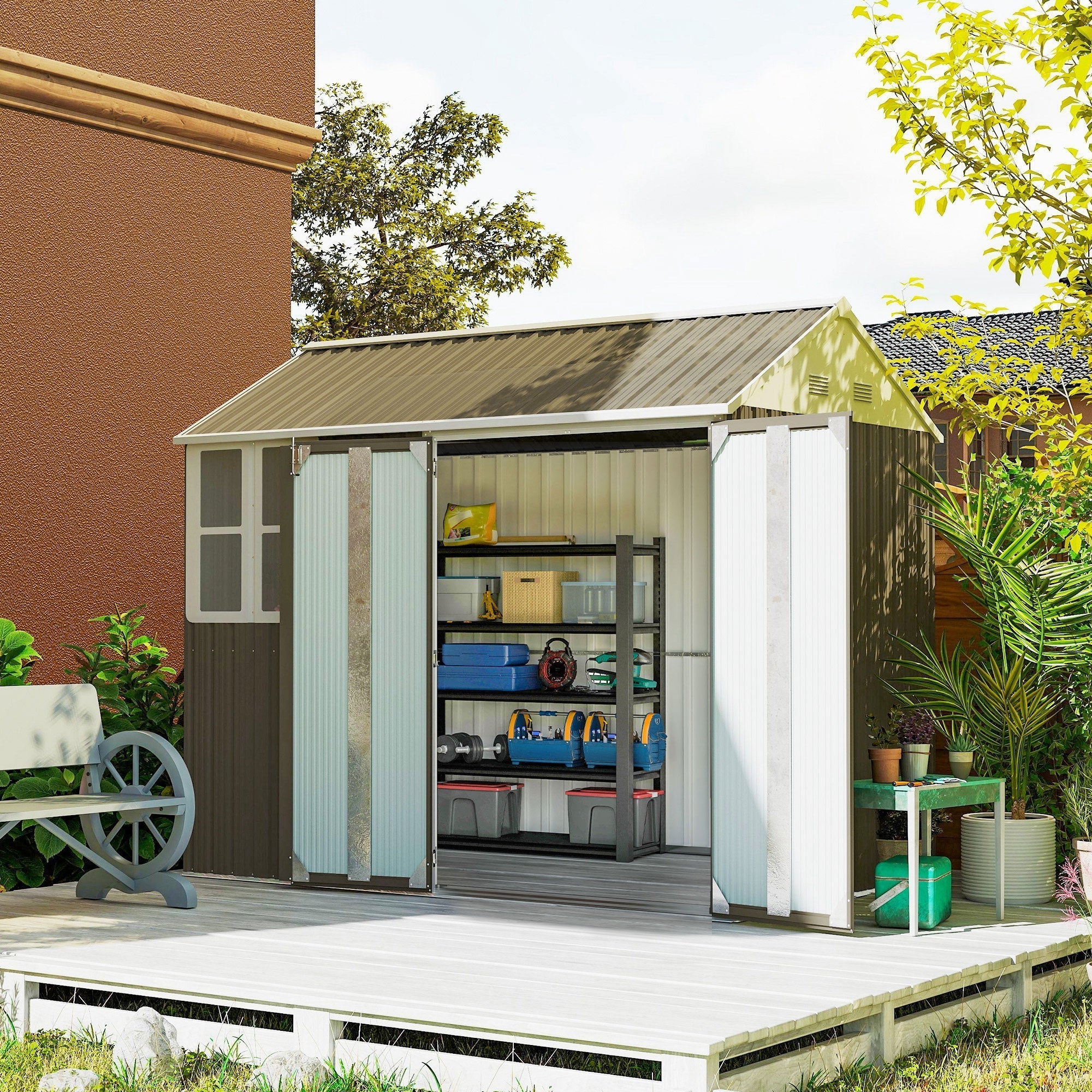 Outsunny 8 x 6 ft Galvanised Garden Shed, Outsoor Metal Storage Shed with Double Doors Window Air Vents for Patio, Lawn, Grey