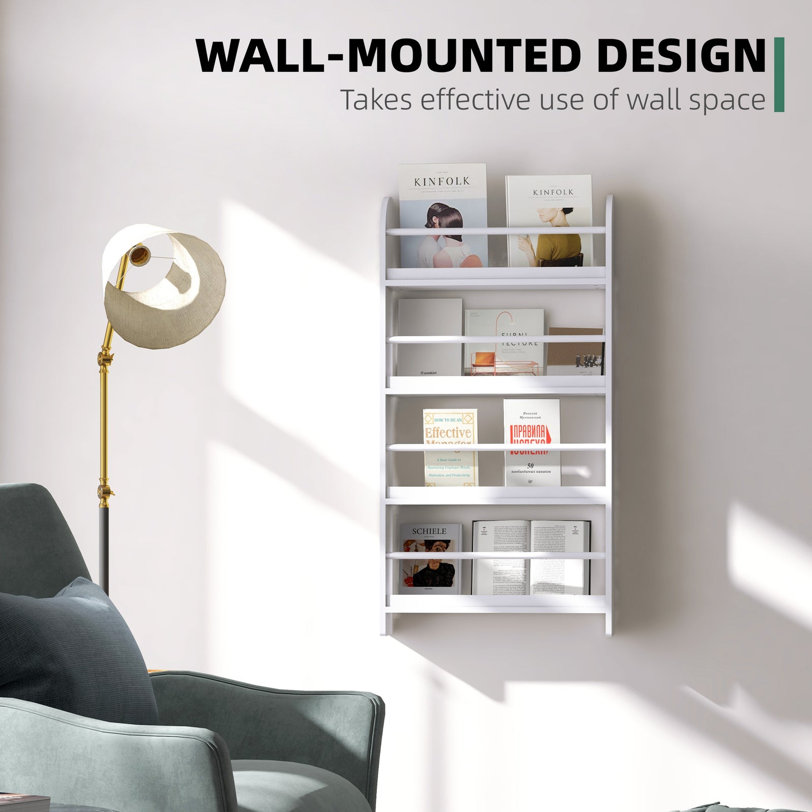 HOMCOM Bookcase, 4 Tier Wall Mounted Bookshelf, 15cm Depth Storage Shelving Rack for Bedroom Nursery Office Home, Accessories Supplies, White