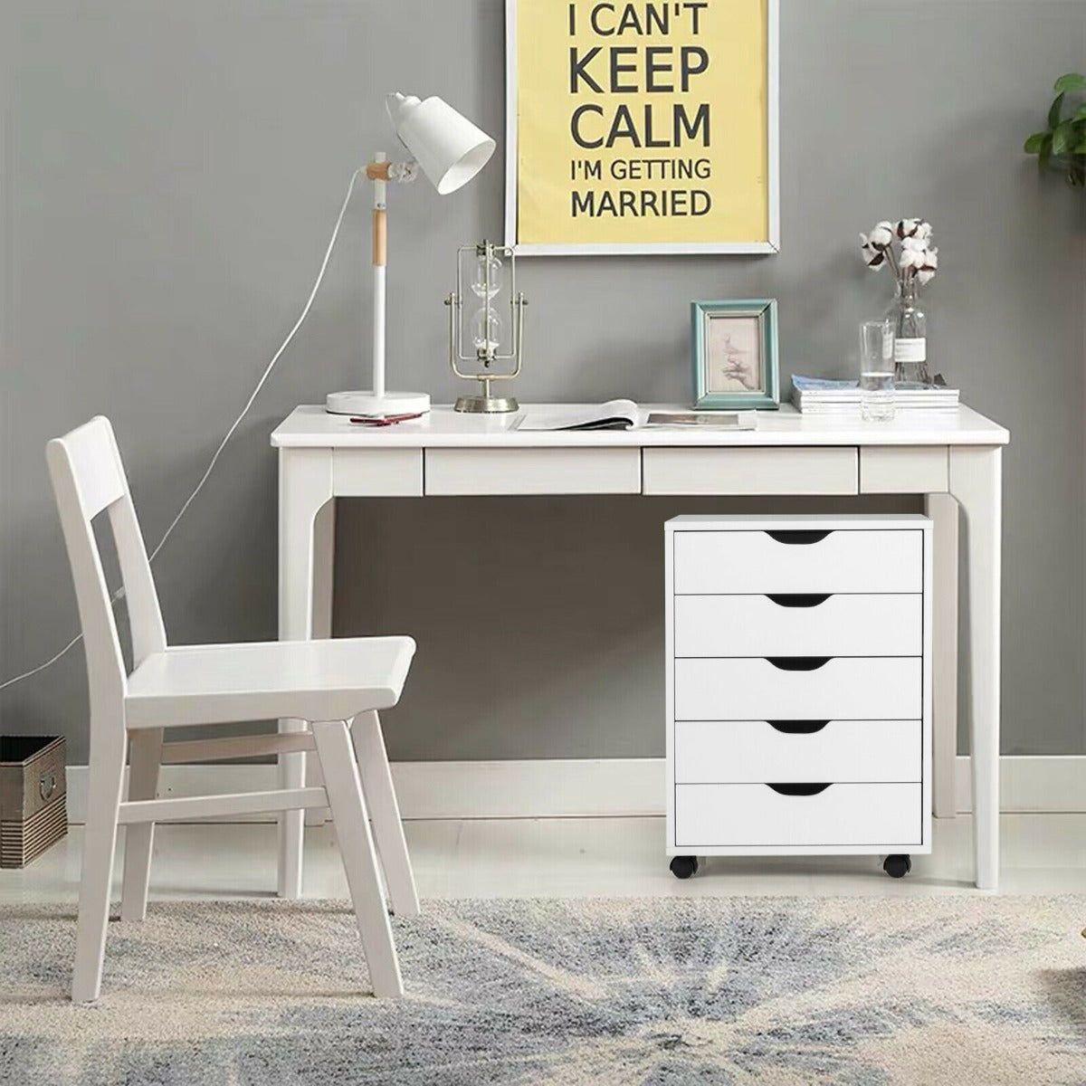 5 Drawer Chest with Wheels for Home and Office-White
