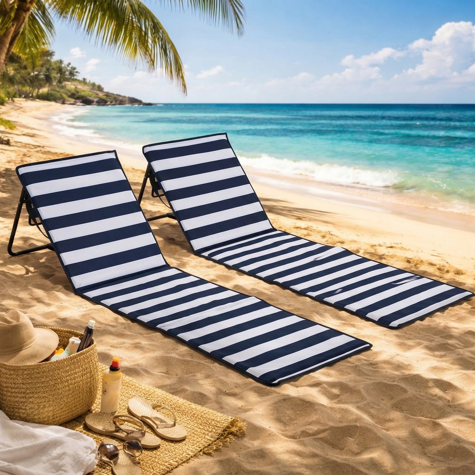 Outsunny Set of 2 Foldable Garden Beach Chair Mat, Outdoor Sun Lounger Seats with Adjustable Back, Magazine Pocket, Carry Strap